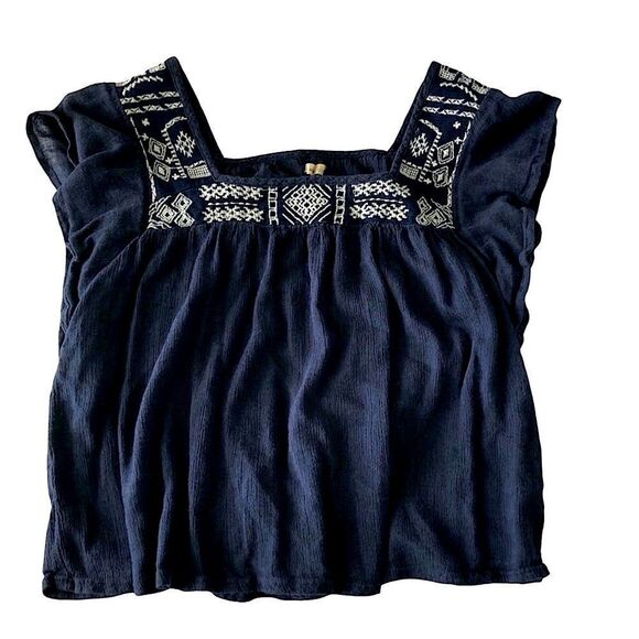 Hollister Boho Embroidered Peasant blouse Navy Blue Juniors Small - Picture 2 of 11